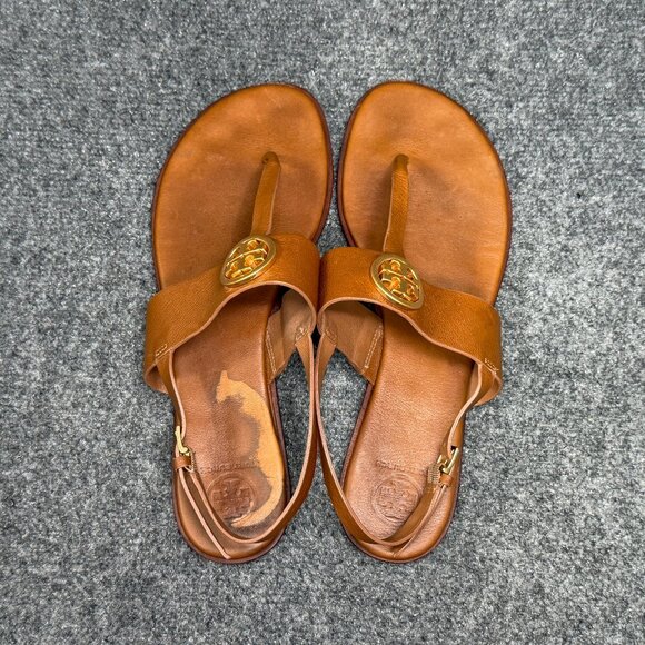 Tory Burch Benton 2 Sandals Womens 11 Brown Leather Thong Ankle Wrap Buckle Flip - Picture 6 of 10